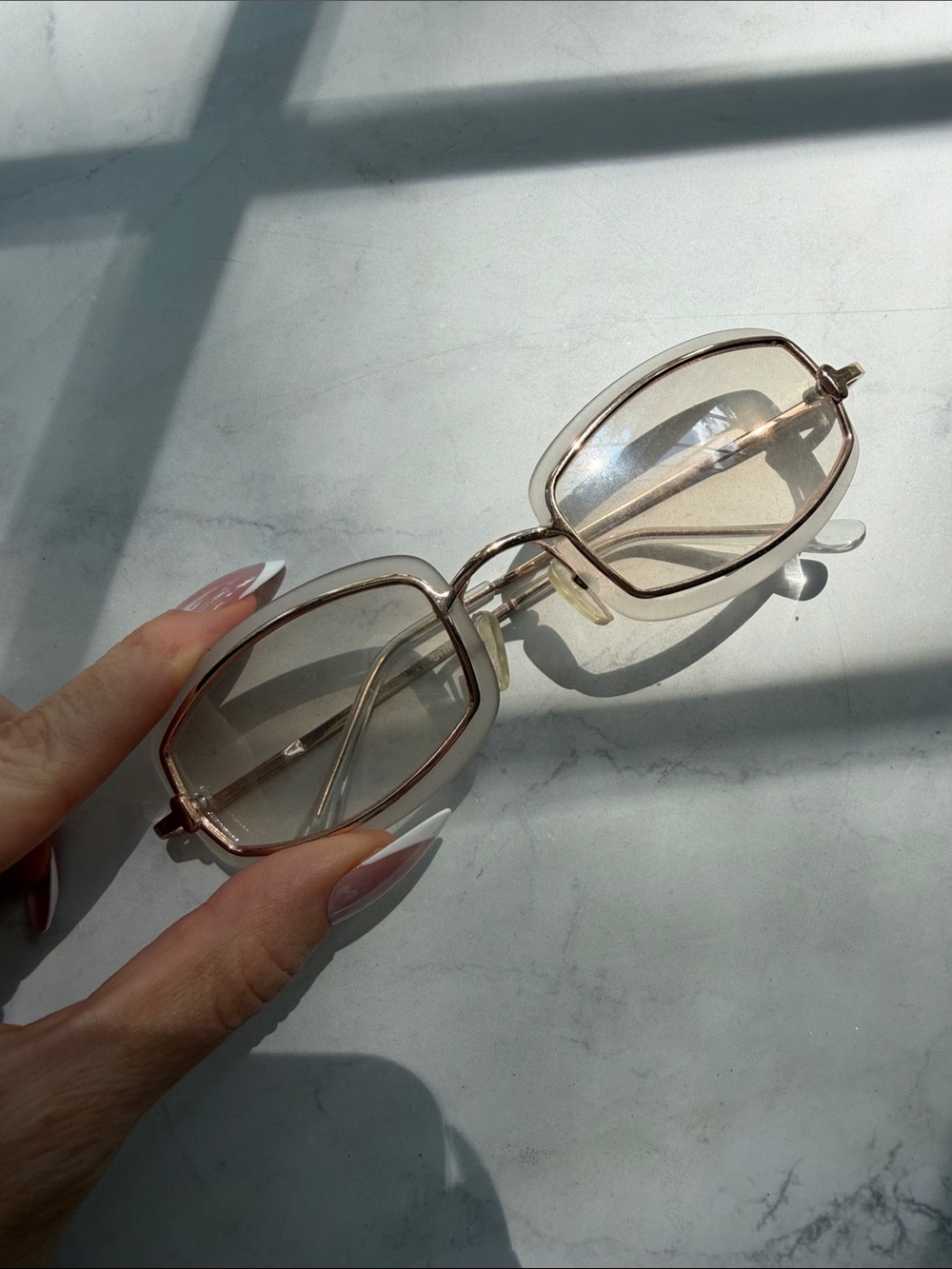 Vintage 90s White and Gold Wire Rim Rectangular Metal Frame Sunglasses